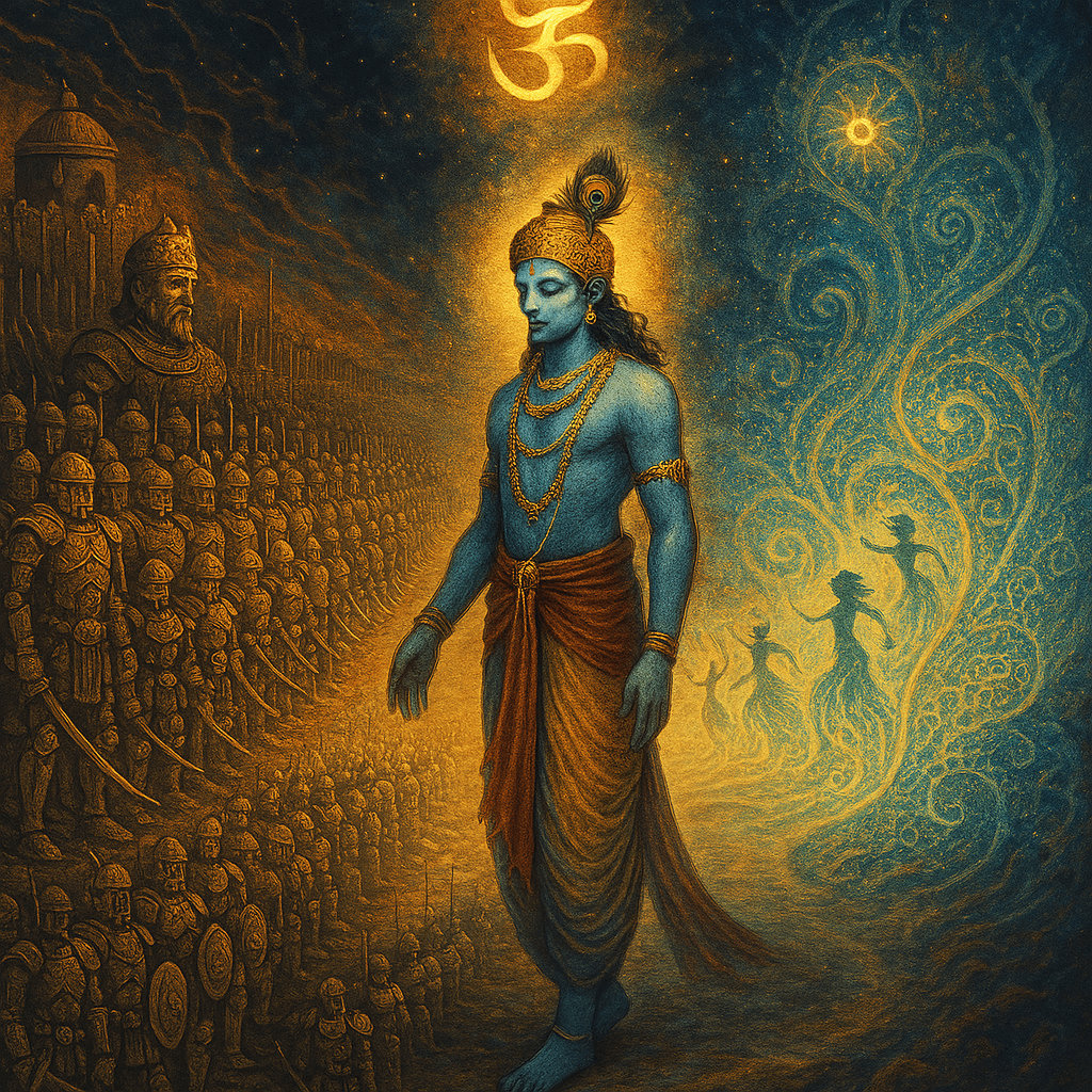 artwork inspired by the phrase 'Karshati Iti Krishna'—He who attracts. The image shows Krishna not in battle, but standing serenely at the edge of a cosmic battlefield, radiating a mysterious, non-ergodic presence. On one side, Jarasandha represents the algorithmic world—rigid, patterned, and predictable, with mechanical soldiers and geometric formations. On the other side, Krishna’s realm flows with organic, unpredictable energy—waves of light, fractals, and dancing figures. Krishna steps away from the battlefield, symbolizing transcendence. Above, a glowing symbol of consciousness floats, representing the wisdom that transcends pattern recognition. The tone is mystical, philosophical, and liberating, evoking the dance between algorithm and freedom, knowledge and wisdom.
