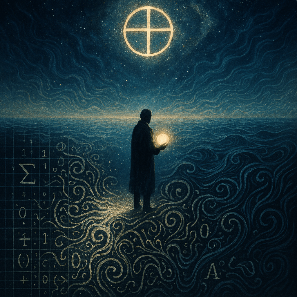 A surreal and philosophical digital artwork representing the evolution from ergodic volatility to non-ergodic transcendence. The image features a fading algorithmic grid dissolving into a vast, open cosmic ocean of abstract waves—symbolizing non-ergodic unpredictability. In the center, a figure stands at the edge of the algorithmic world, gazing into the infinite, holding a glowing orb of awareness. Around them, symbols of logic and code unravel into flowing, organic patterns. Above, a luminous koan-like symbol floats, representing the 'impossible algorithm'—not as a puzzle, but as a gateway to freedom. The tone is mystical, contemplative, and liberating, evoking the end of algorithmic control and the celebration of irreducible mystery.