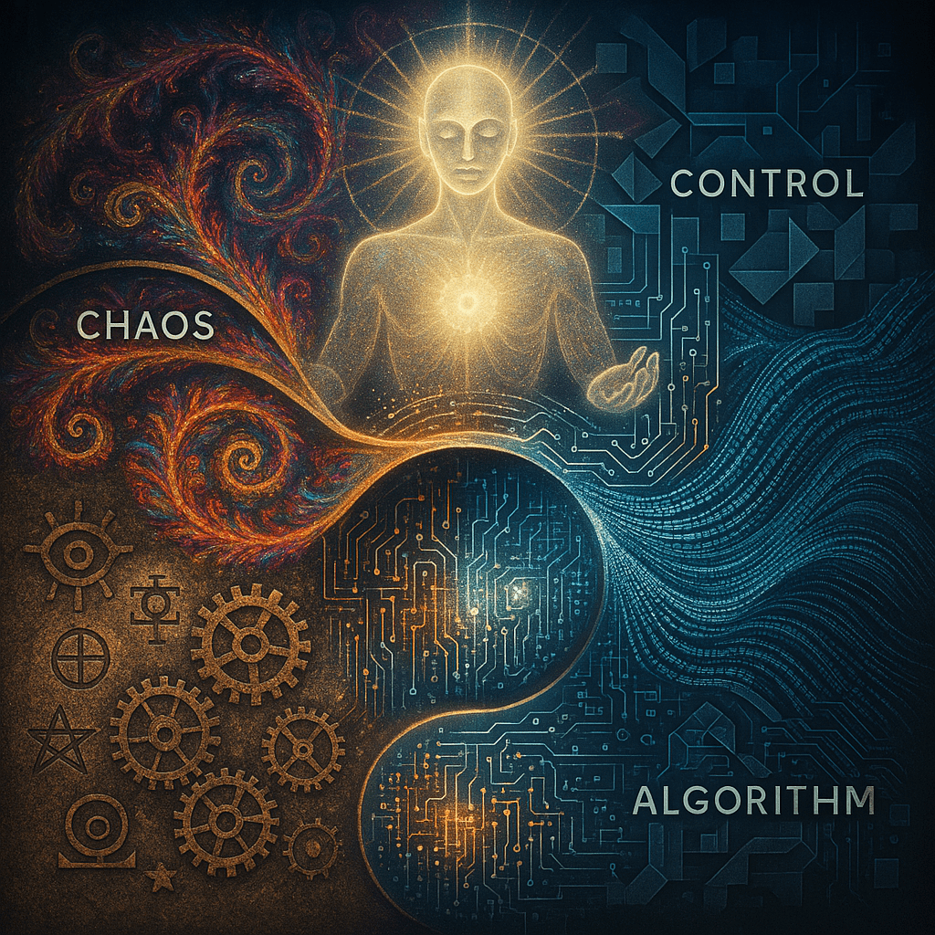 left, ancient symbols and gears represent early processes managing chaos. In the center, glowing algorithms and circuit patterns symbolize the algorithmic age. On the right, flowing streams of data form a dynamic, ever-shifting pattern, representing the current data-driven era. Above, a luminous figure of consciousness observes the dance between chaos (depicted as swirling, colorful fractals) and control (depicted as geometric, structured forms). The entire scene is cyclical, with elements looping into each other, symbolizing evolution, surrender, and mutual engagement.