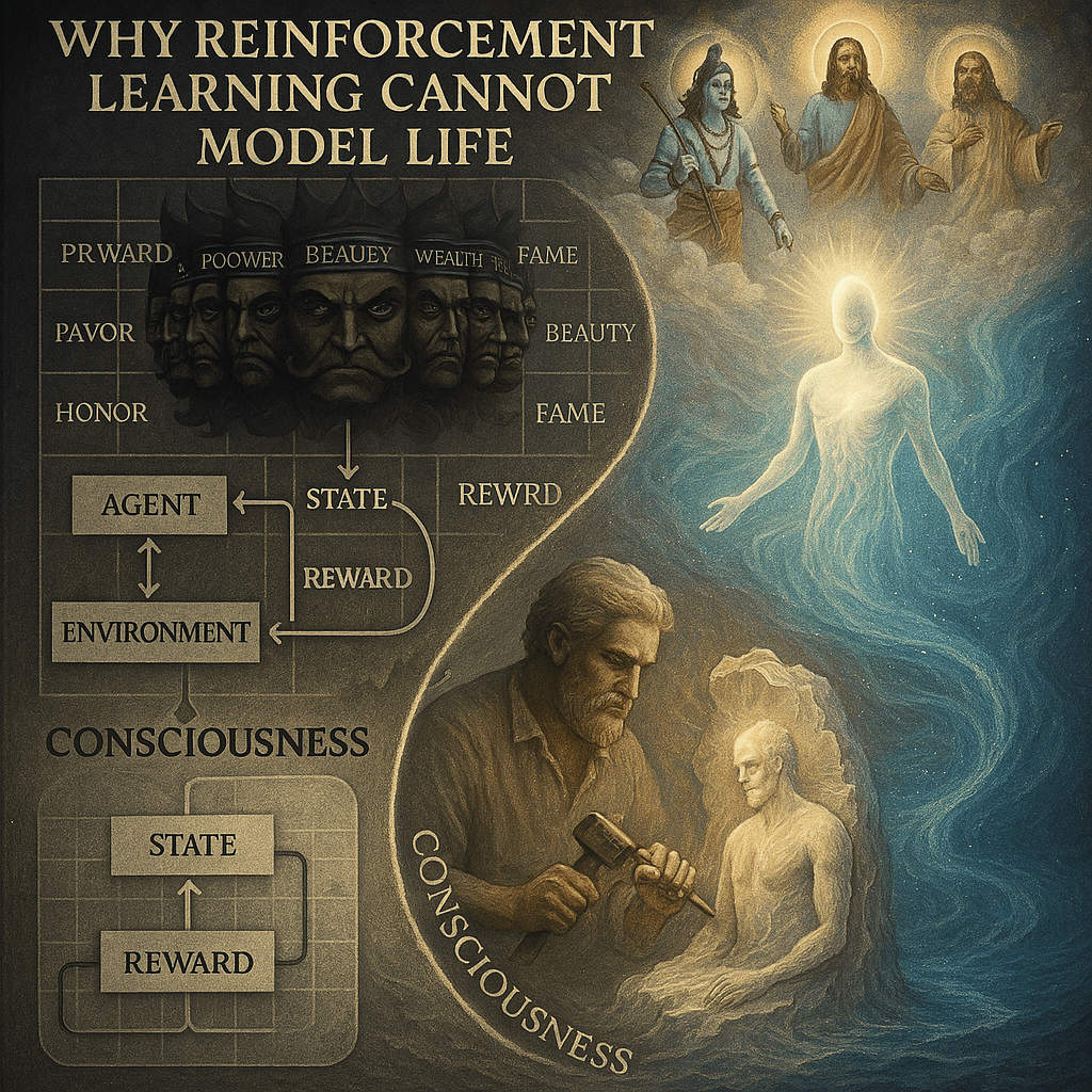 world of agents, environments, and reward signals is depicted—cold, mathematical, and fragmented. On the other side, a luminous, flowing realm of unity and consciousness emerges, where a human figure dissolves into a cosmic ocean of light, symbolizing the oneness of agent and environment. In the center, a sculptor chisels away marble to reveal a radiant being, representing refinement over reinforcement. Above, divine figures like Rama, Krishna, and Christ act from essence, not policy. A ten-headed Ravana looms in the background, each head labeled with a different human value (pleasure, power, beauty, etc.), while a spiral of light rises beyond them, symbolizing transcendence. The overall tone is contemplative, mystical, and visionary, blending digital and spiritual aesthetics.