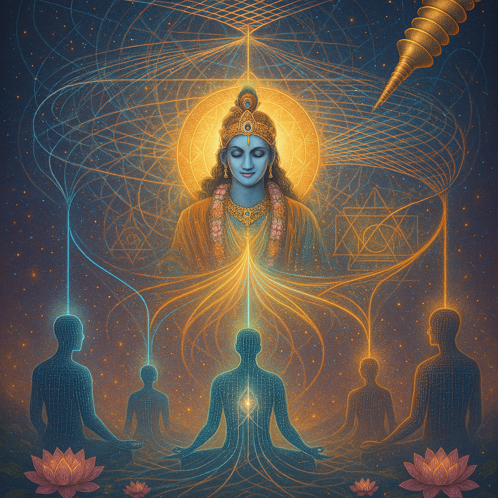 glowing digital threads (representing computer threads) emerge from individual human figures, each thread connecting to a radiant, divine central presence symbolizing Krishna. These threads shimmer with light and form a sacred, continuous weave. In the background, a cosmic loom weaves these threads into a grand tapestry, symbolizing the Lila (divine play). A golden screw with a spiral groove subtly appears, guiding threads into place, representing divine guidance. The atmosphere is serene, with a blend of modern digital aesthetics and ancient Vedic symbolism, including lotus flowers, sacred geometry, and soft divine light. The overall tone is mystical, harmonious, and contemplative.