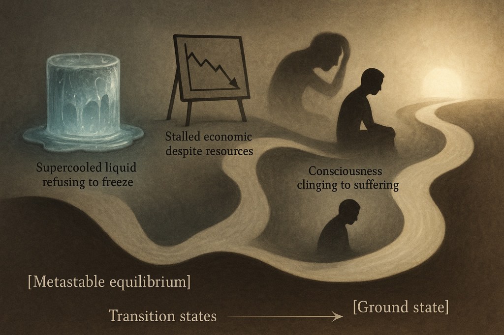 Why do systems get stuck? Why does a supercooled liquid refuse to freeze even below its freezing point? Why do economies languish in recession despite having all the resources for prosperity? Why does consciousness cling to suffering when liberation is its natural state? The answer lies in understanding one of nature's most profound patterns - the journey from metastable equilibrium through transition states to the ground state.