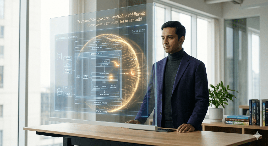 The figure of an architect examining a Linux schematic is present, alongside the golden light symbolizing AI vulnerabilities, and the Sanskrit sutra text and books which reference 'The Yoga Sutras' and 'Daring Greatly'. The visual accurately captures the core concepts.