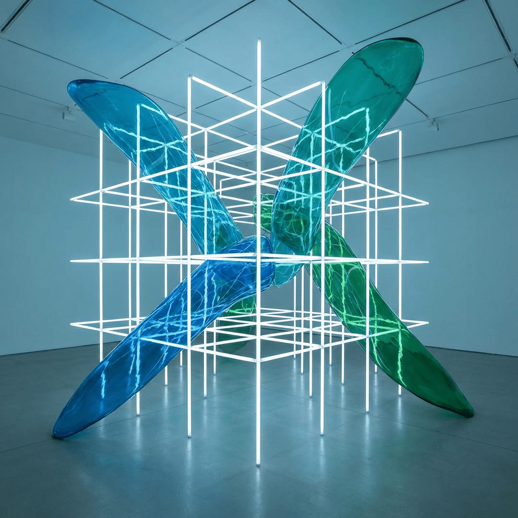 Luminous white light grid with large translucent blue and green organic shapes.