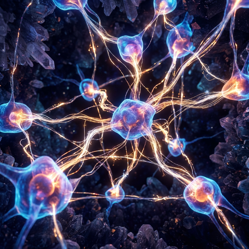 Glowing blue neurons connected by fiery gold filaments in a dark crystalline environment.