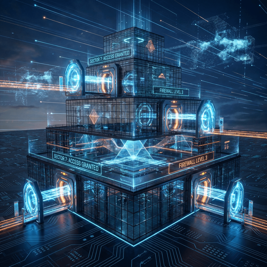 Tiered digital building featuring text: SECTOR 7: ACCESS GRANTED and FIREWALL LEVEL 3.