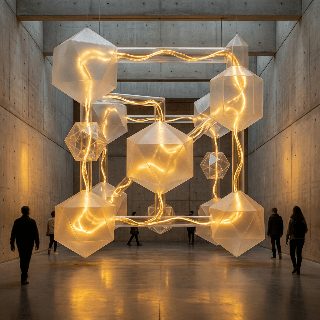 A large geometric light sculpture with glowing amber filaments in a concrete art gallery.