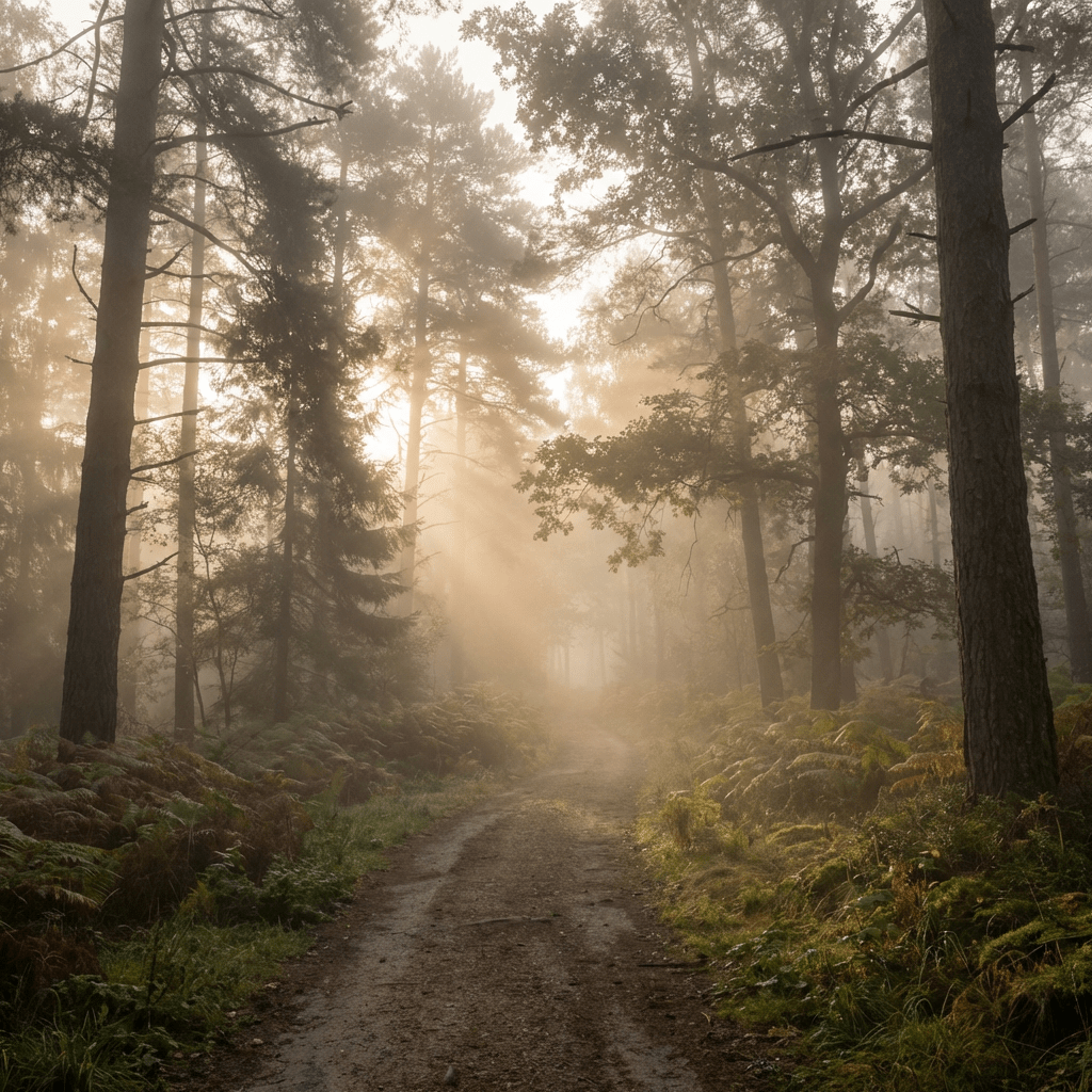 A dirt path winds through a misty forest with golden sunbeams filtering through tall trees.