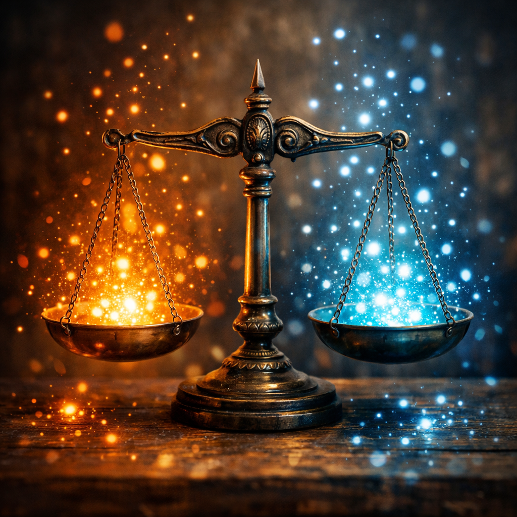 Antique balance scale with glowing orange light on left and blue light on right