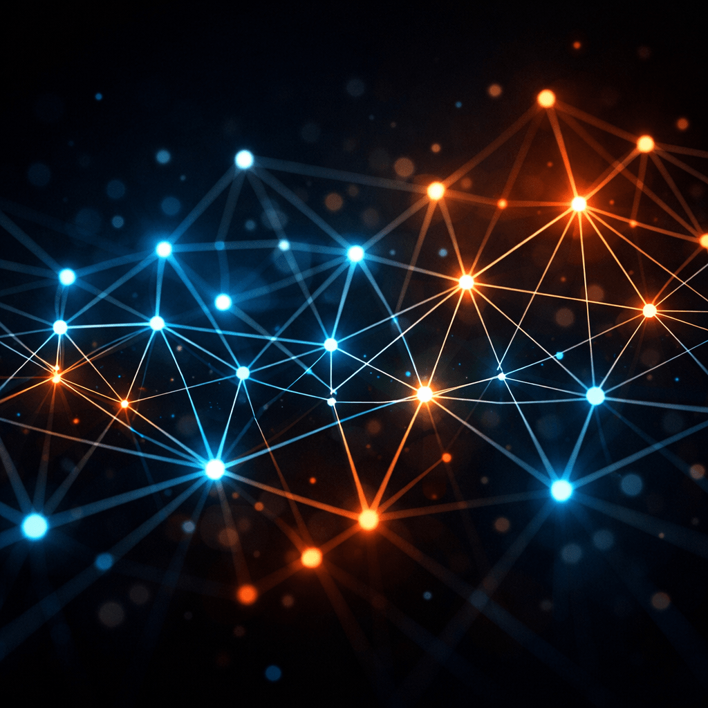 Glowing blue and orange nodes connected by lines forming a network on a dark background