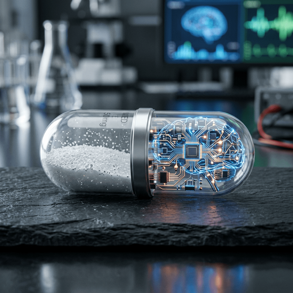 Transparent capsule with medication granules on one side and glowing digital brain circuitry on the other.