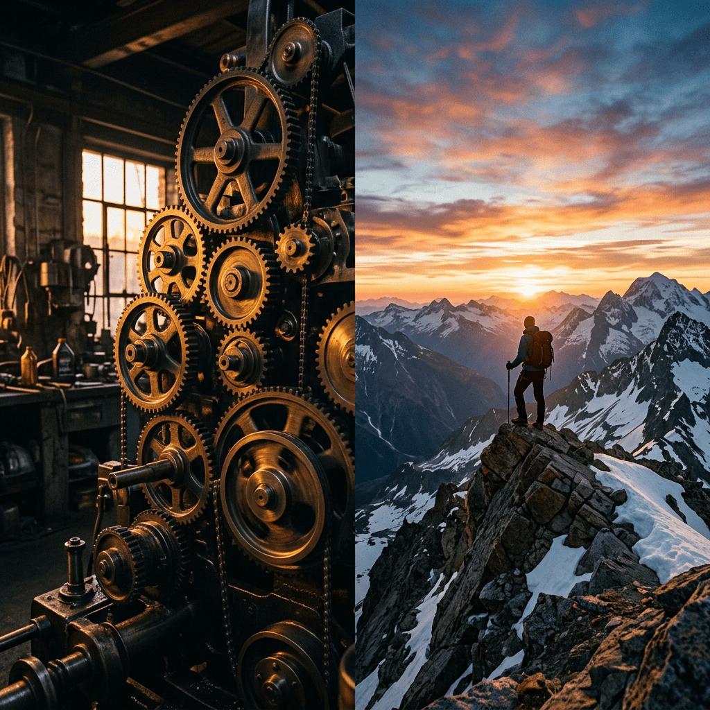 Complex metal gears in a workshop and hiker standing on snowy mountain ridge at sunset
