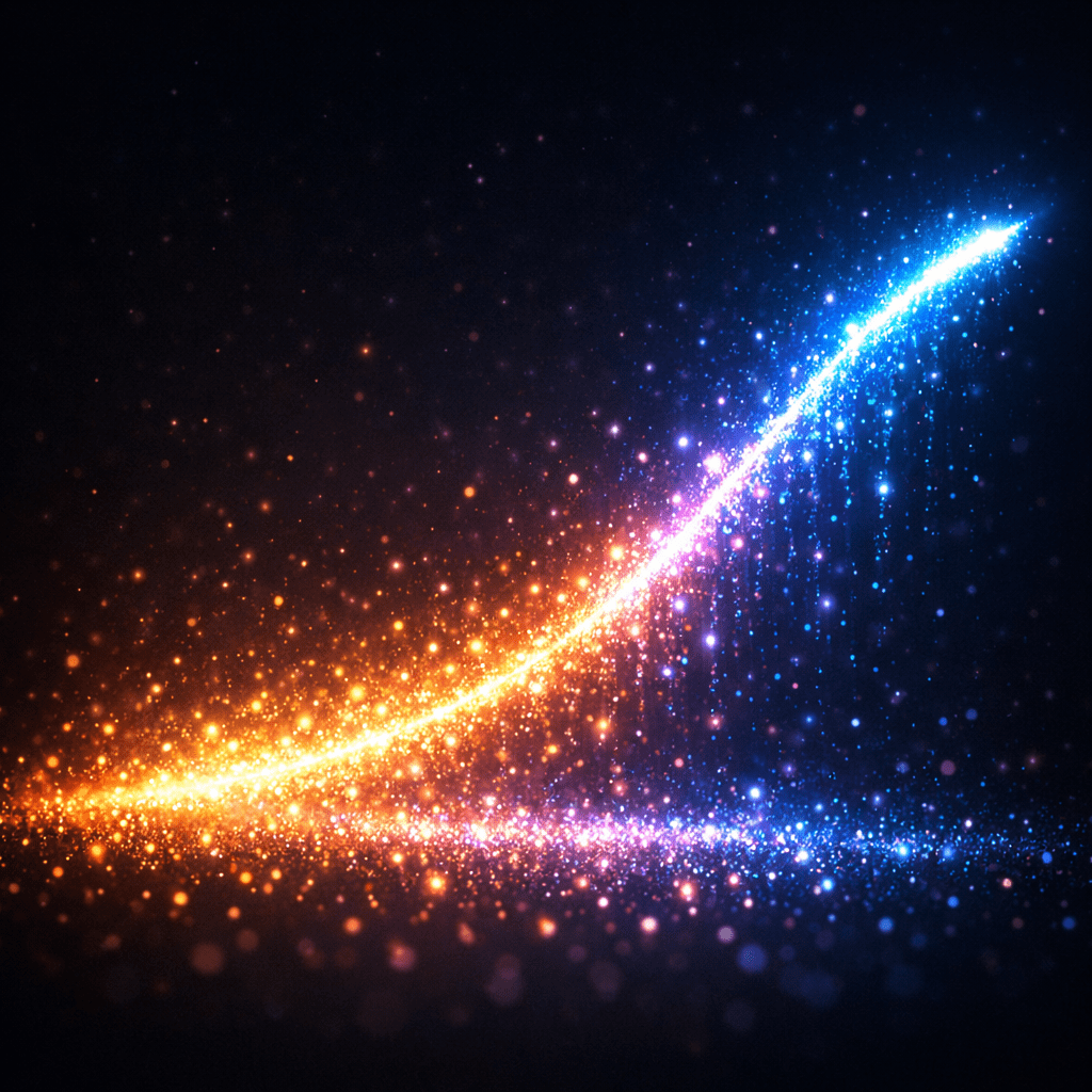 Sparkling curved light trail shifting from orange to blue on a dark background