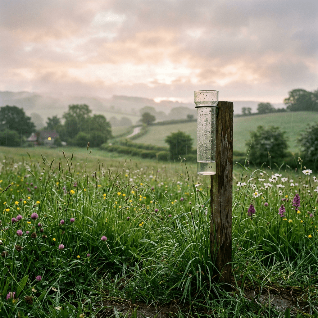 Rain gauge mounted on wooden post in green meadow with wildflowers and rolling hills.