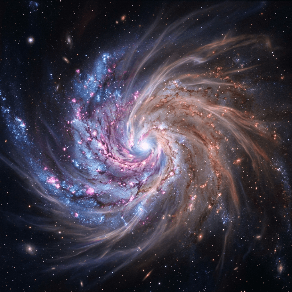 Spiral galaxy with glowing blue, pink, and brown gas clouds and numerous stars