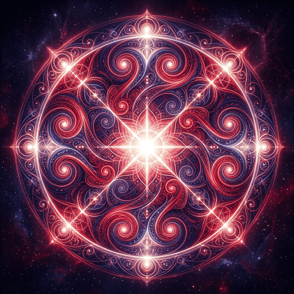Glowing mandala with swirling red and blue patterns and bright star-like points in a cosmic background