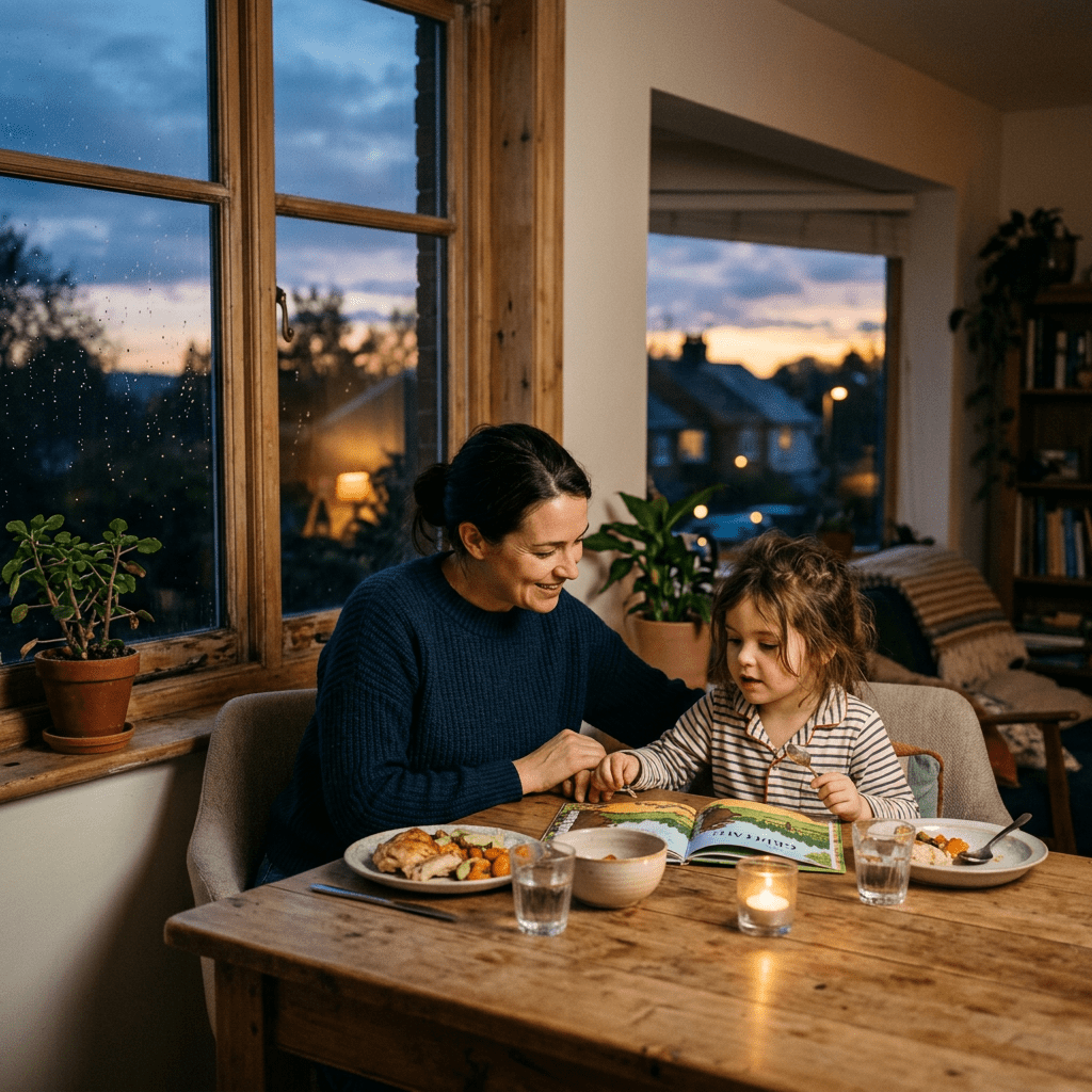 Mother and young daughter reading a book while sitting at a wooden dining table with dinner plates and candlelight