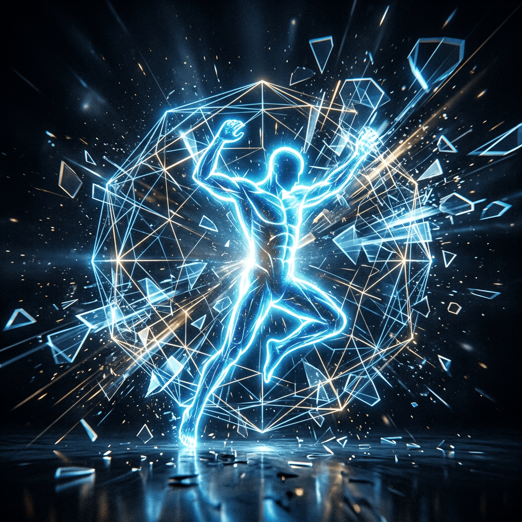Glowing digital human figure surrounded by shattered geometric shapes and light streaks