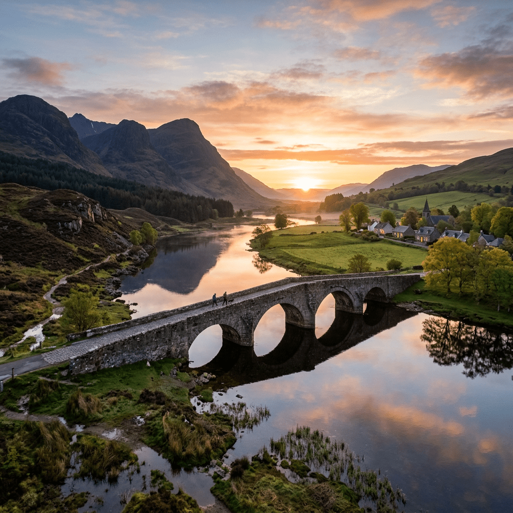 Stone arch bridge over river with village and mountains at sunrise