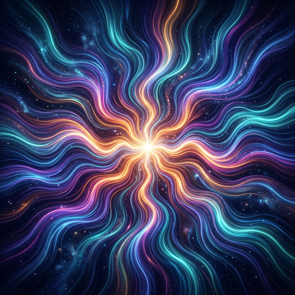 Bright central light with swirling colorful energy lines in outer space