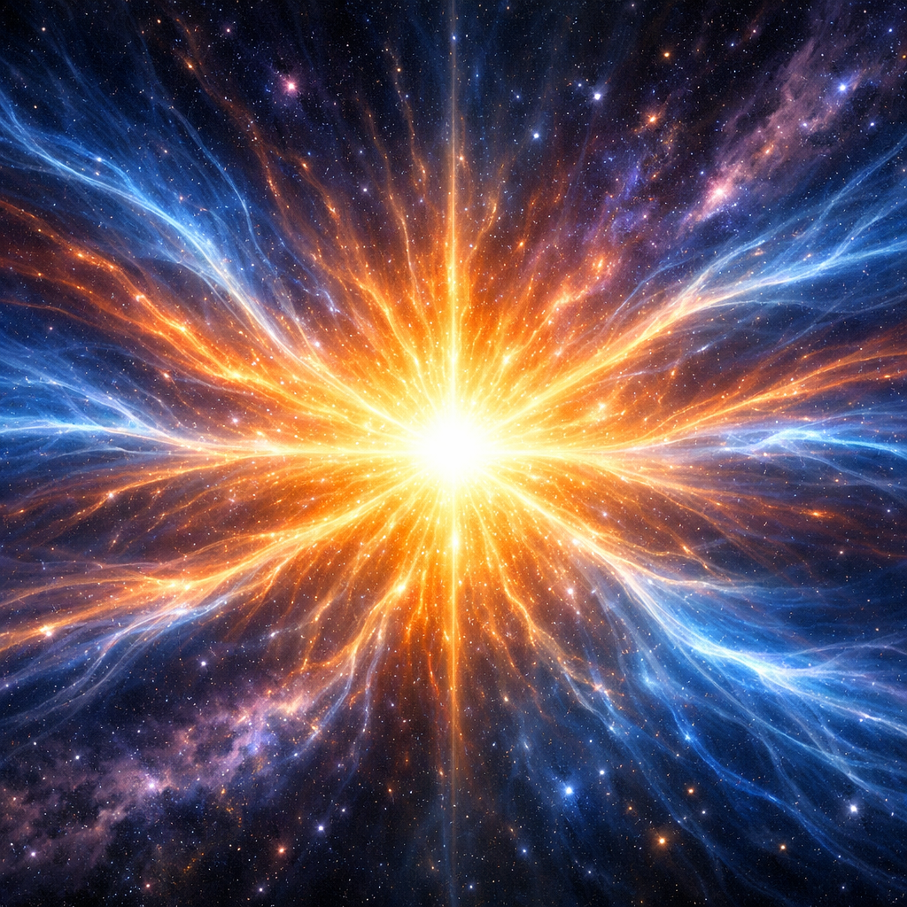 Bright central explosion radiating orange and blue energy streams in space