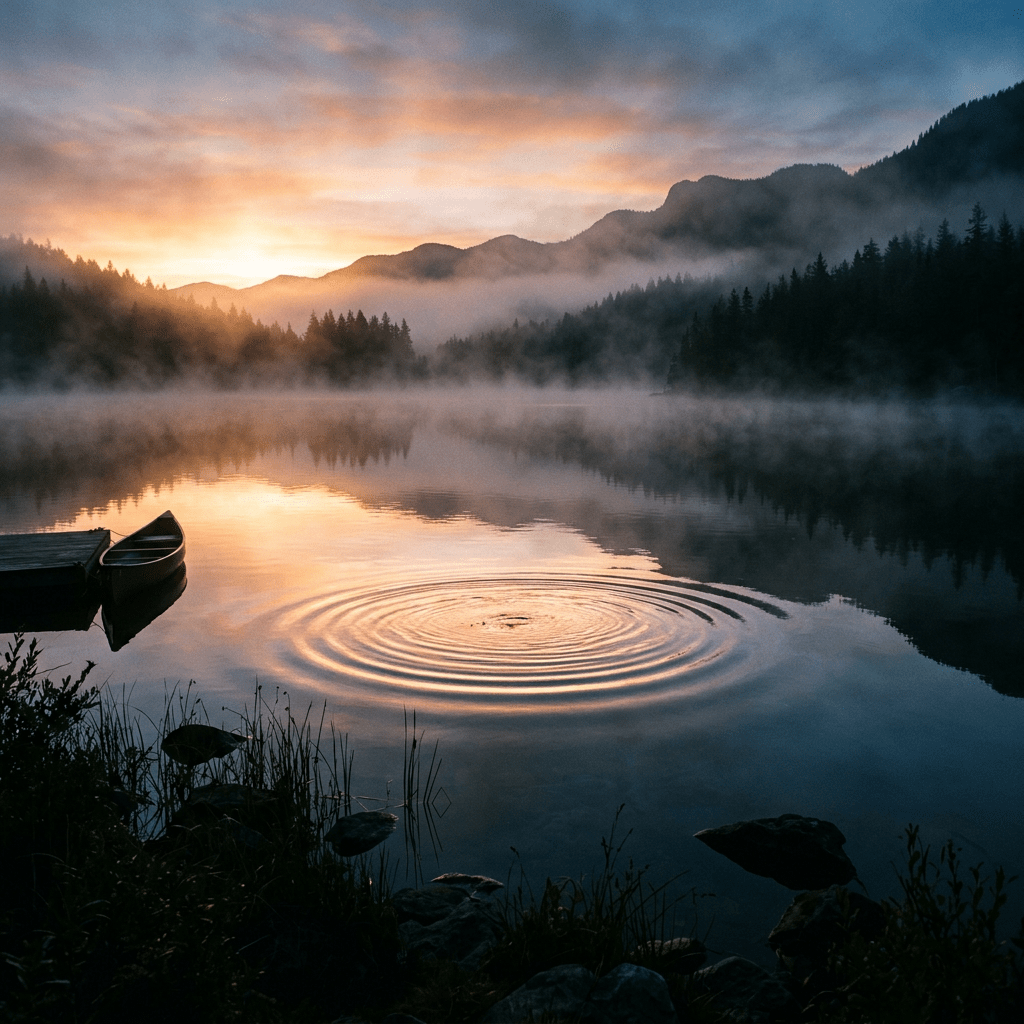 Calm mountain lake with mist, canoe docked, and ripple in water
