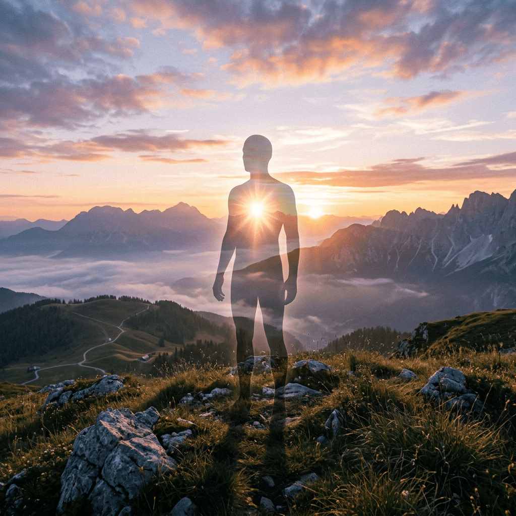 Human silhouette with glowing sun at chest overlooking misty mountain landscape at sunrise