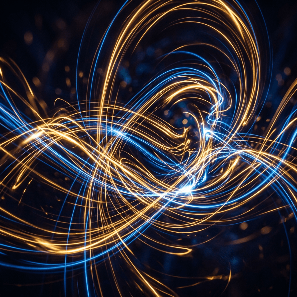 Bright blue and orange intertwined light trails on a dark background
