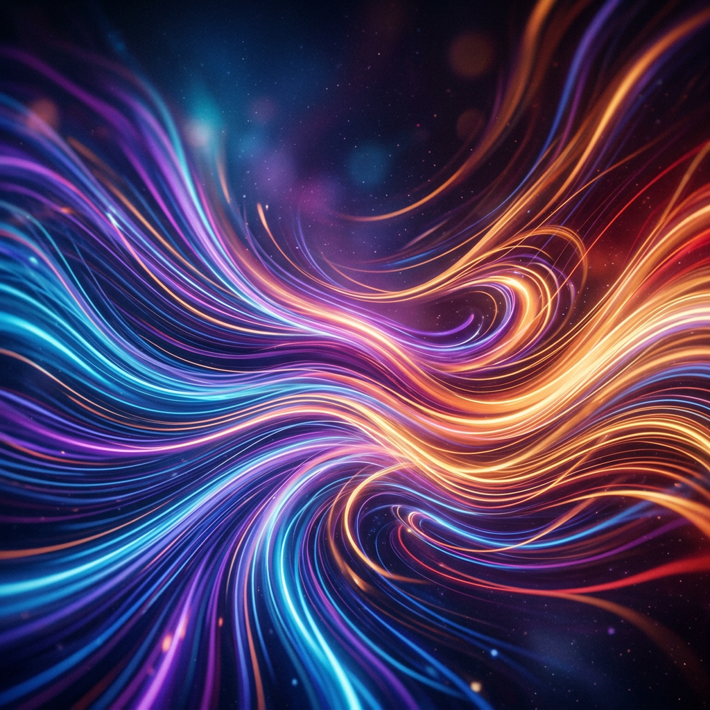 Swirling blue, purple, and gold light trails forming flowing wave patterns