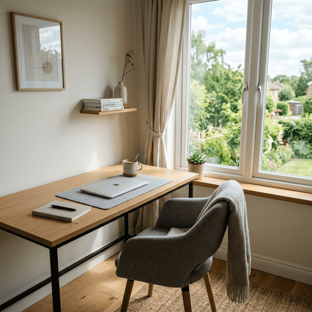 Minimalist wooden desk with closed laptop, coffee cup, notebook, chair, and potted plant by bright window