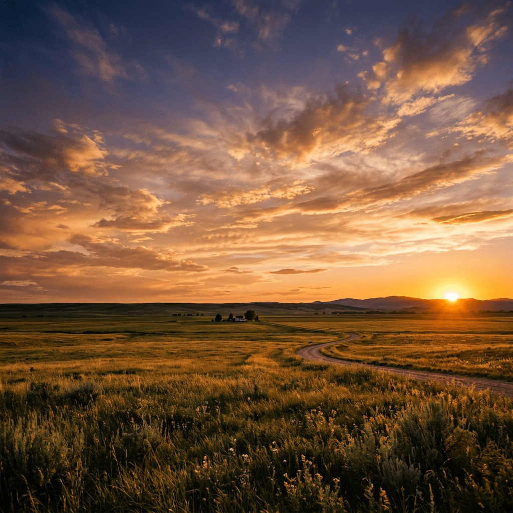 Sunset over rural fields with a winding dirt road and mountains in the background