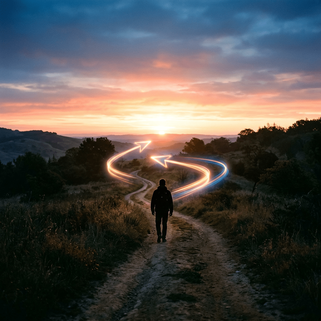 Person walking on dirt road with glowing arrows showing directions