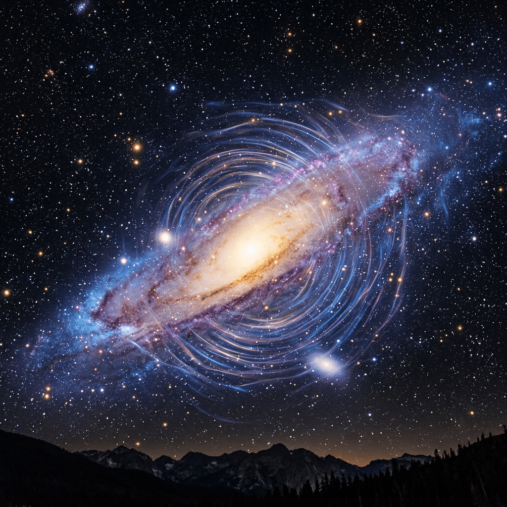 Bright spiral galaxy with swirling light effects above silhouette of mountains under starry sky