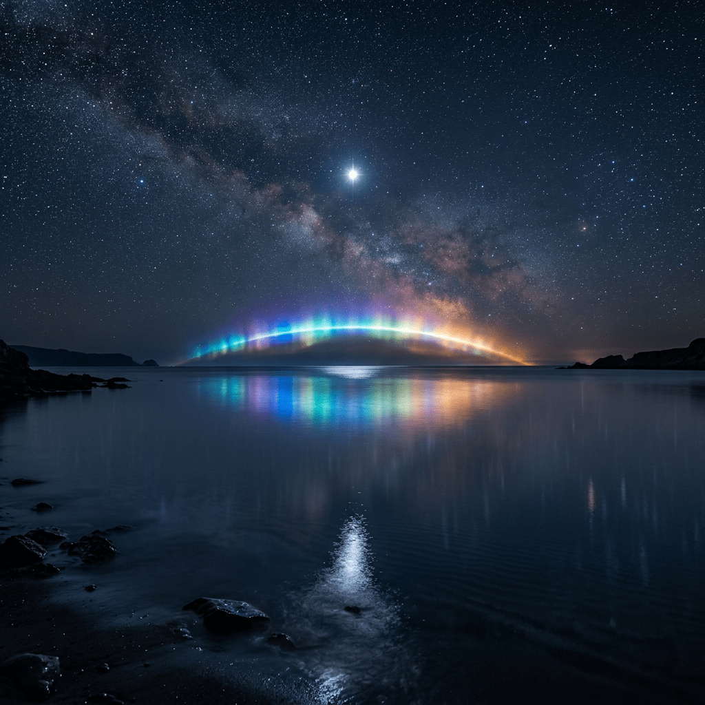 Rainbow-colored arc reflecting on water under starry night sky