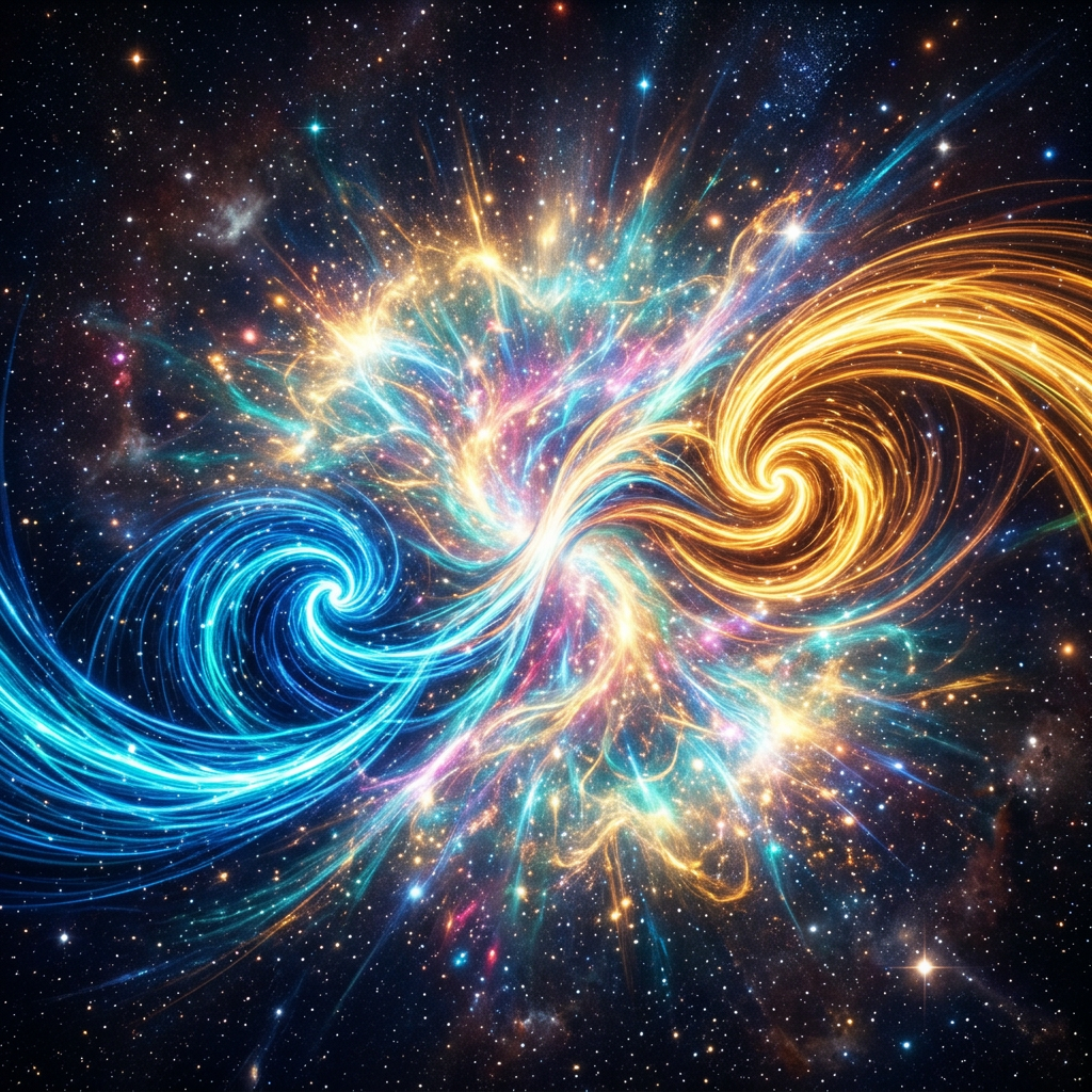 Two swirling cosmic energy vortices, one blue and one gold, colliding amid stars in space