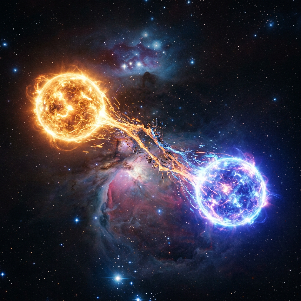 Two stars, one orange and one blue, connected by a fiery energy stream in space