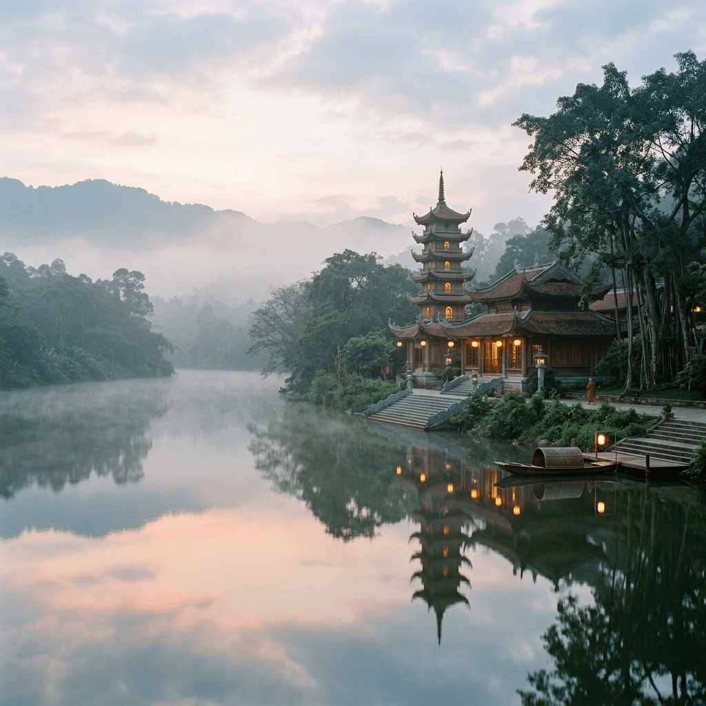Riverside pagoda with lit windows reflecting on calm water at dawn