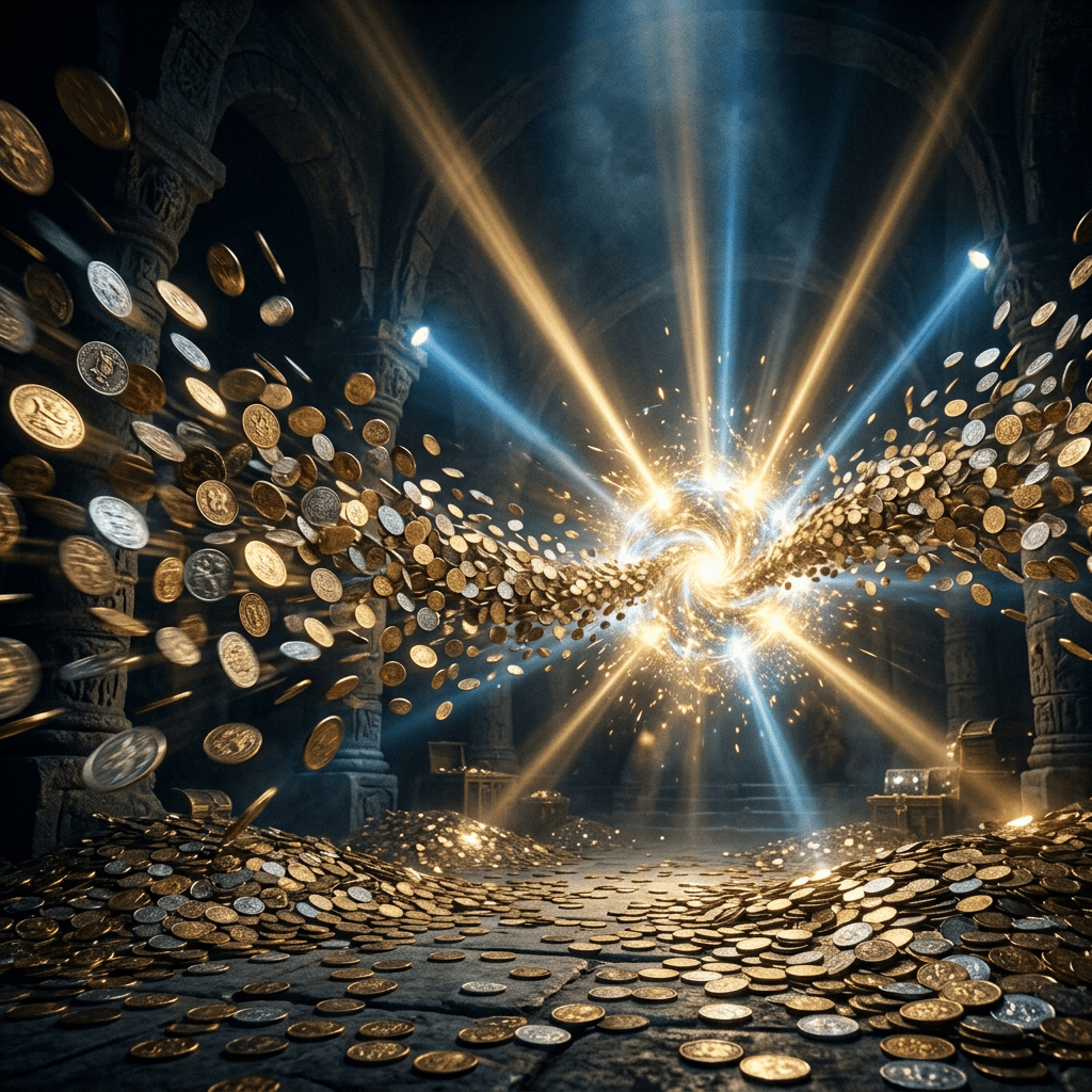 Vortex of gold and silver coins swirling inside ancient chamber with stone pillars
