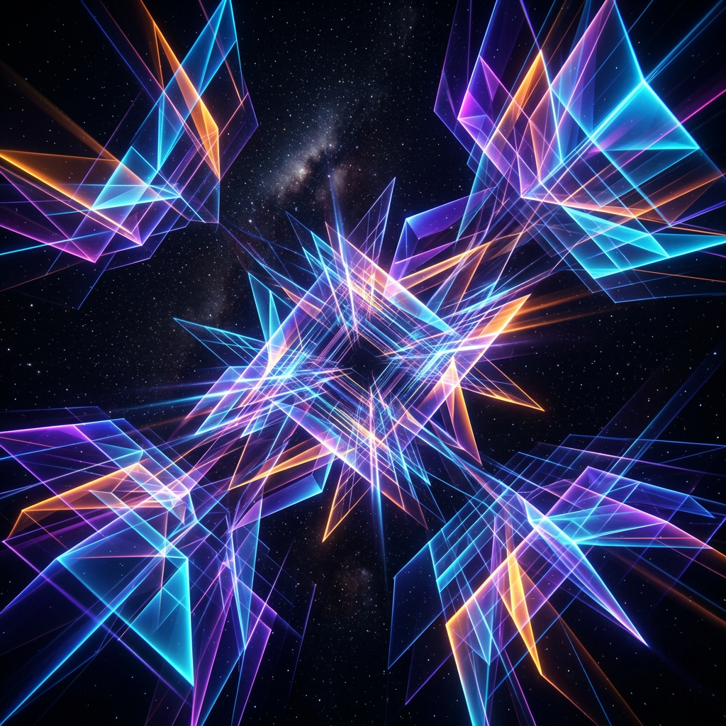 Neon geometric light shapes in blue, purple, and orange on a starry background