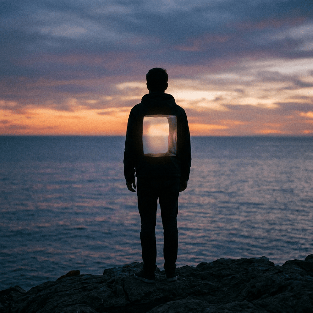 Silhouette of a person standing on rocky shore with illuminated window on back facing ocean sunset