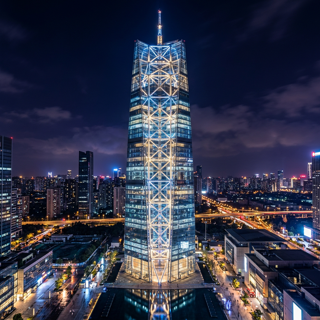 Tall illuminated skyscraper with geometric lights in a city at night