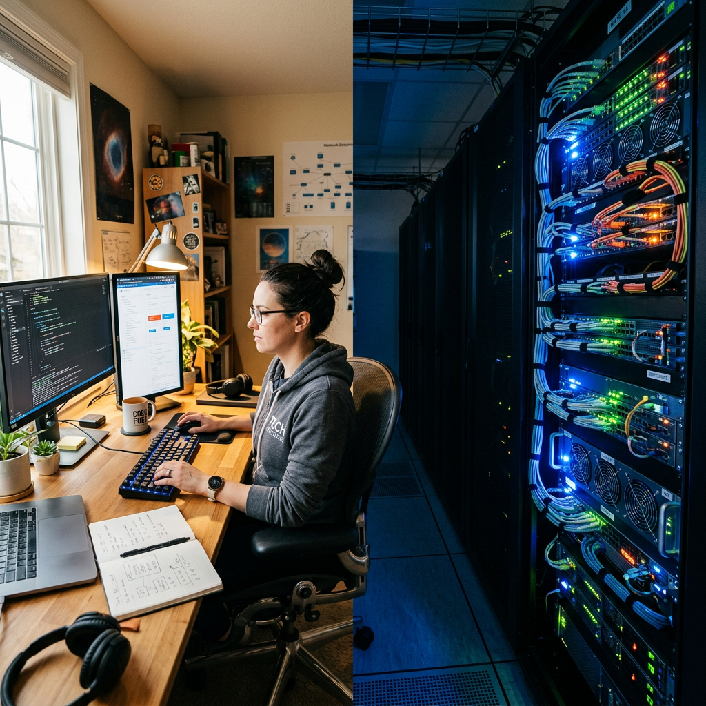 Person coding on dual computer monitors at home desk with server racks glowing in blue light