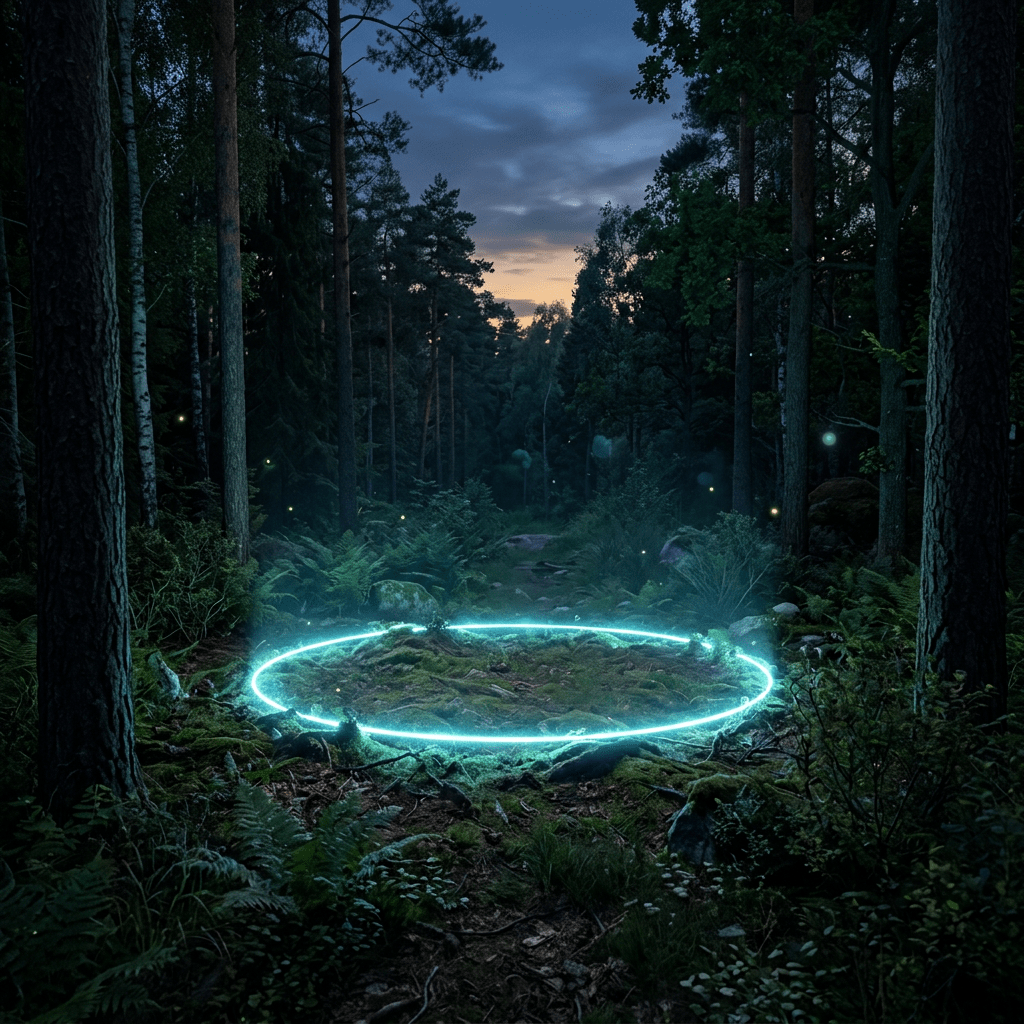 Glowing blue neon circle on forest ground surrounded by trees.