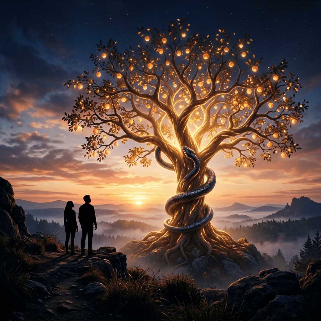 Glowing tree with golden fruit and serpent coiled around the trunk at sunset