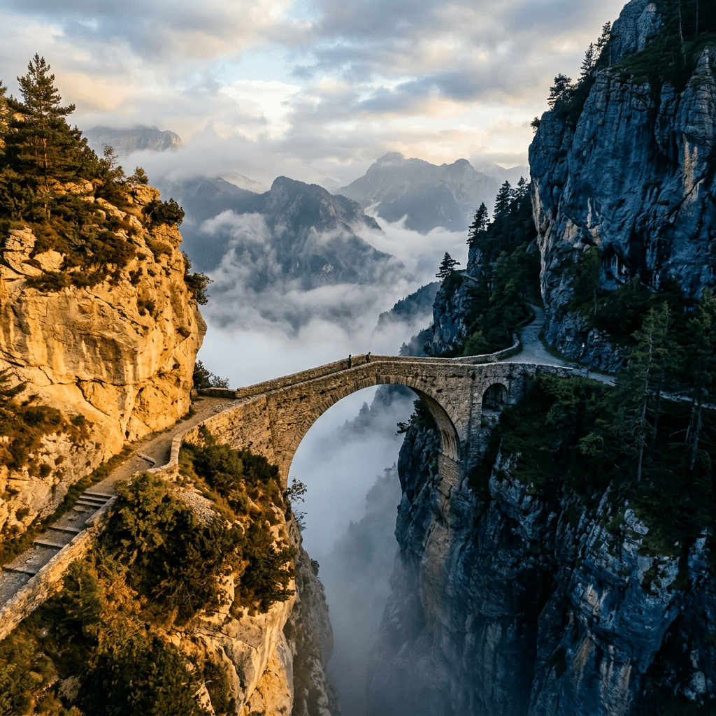 Stone arch bridge connecting two rocky cliffs above a foggy gorge